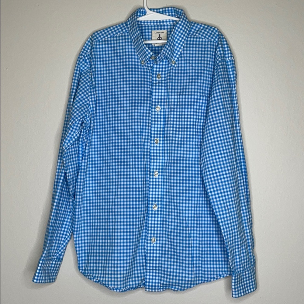 Lands End Boys Gingham Button Down Shirt Sz M